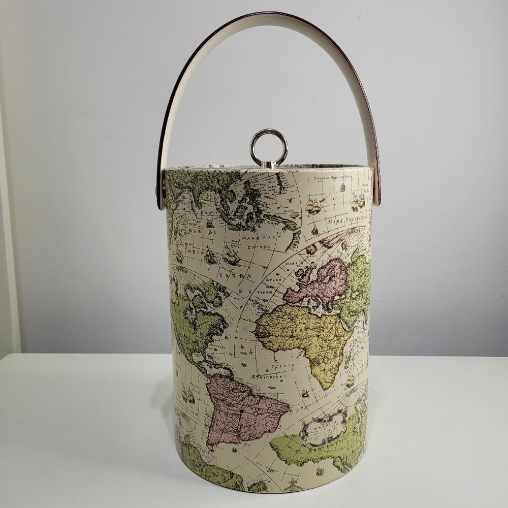 MCM World Map Ice Bucket 11" H x 8" Round Mid century Vintage Item
